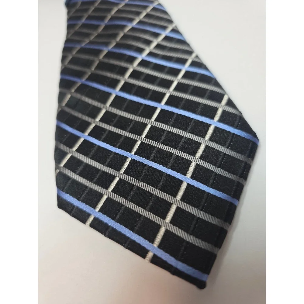 Saddlebred NWT M's Silk Necktie BlackBlueSilverPlaid GridStripedStain Resistant